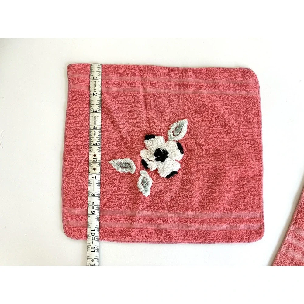 Vintage Cannon Pink 3D Flower Hand Towel & Washcloth Made in U.S.A. Set Of 2